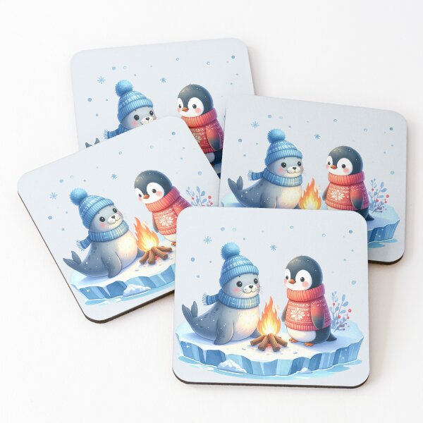 Item preview, Penguin in a Norwegian sweater and seal on an ice floe with a campfire at Christmas designed and sold by LiskoDesign.