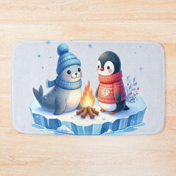 Item preview, Penguin in a Norwegian sweater and seal on an ice floe with a campfire at Christmas designed and sold by LiskoDesign.