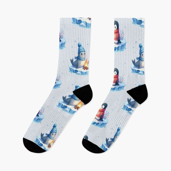 Item preview, Penguin in a Norwegian sweater and seal on an ice floe with a campfire at Christmas designed and sold by LiskoDesign.
