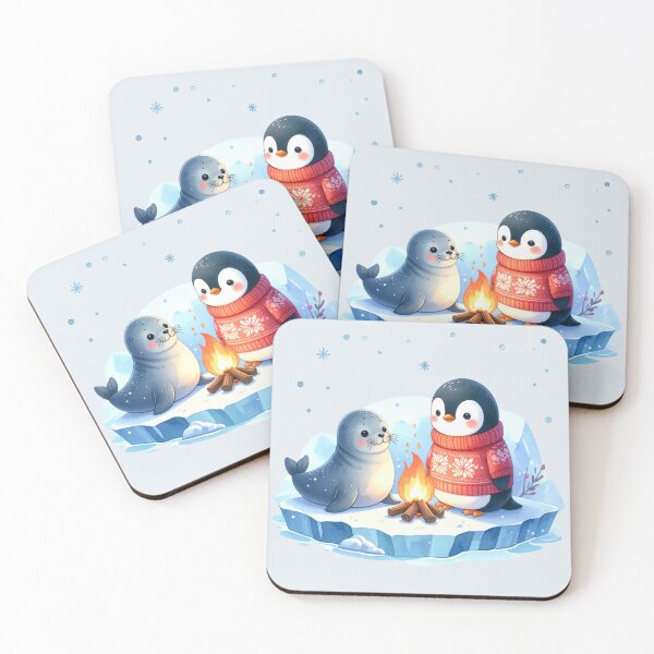 Item preview, Penguin in a Norwegian sweater and grey seal on an ice floe with a Christmas campfire designed and sold by LiskoDesign.