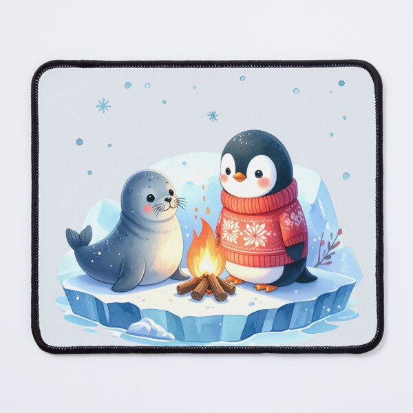Item preview, Penguin in a Norwegian sweater and grey seal on an ice floe with a Christmas campfire designed and sold by LiskoDesign.