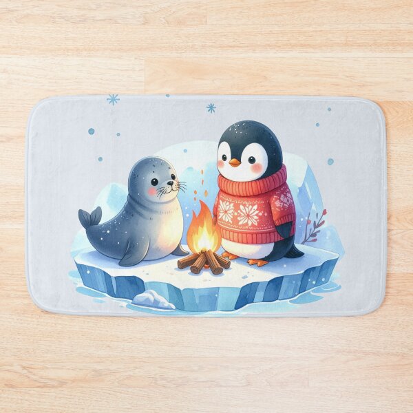 Item preview, Penguin in a Norwegian sweater and grey seal on an ice floe with a Christmas campfire designed and sold by LiskoDesign.