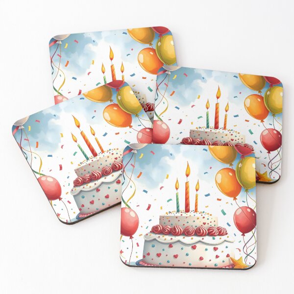 Item preview, Light Birthday Cake with Three Candles Balloons and Confetti designed and sold by EmeraldeaArt.