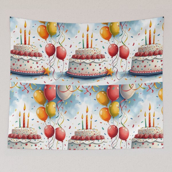 Item preview, Light Birthday Cake with Three Candles Balloons and Confetti designed and sold by EmeraldeaArt.