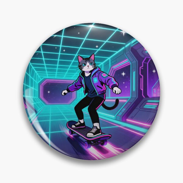 Item preview, Meowtronaut Mode – Retro Synthwave Skater Cat in Neon Space Tunnel designed and sold by drawlinershop.