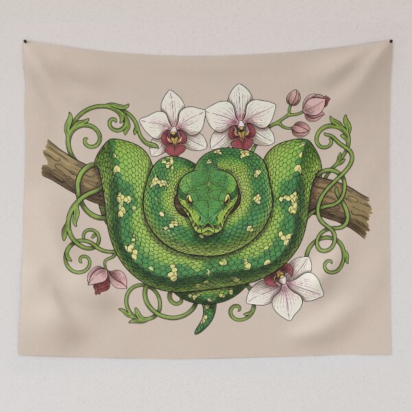 Item preview, Green Tree Python with Pale Pink Orchids and Vines designed and sold by BirdsnStuff.