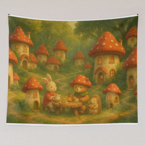 Item preview, Cottagecore Mushroom Village – Cute Woodland Animal Tea Time in a Magical Forest designed and sold by leen12 Art Designs Prints.