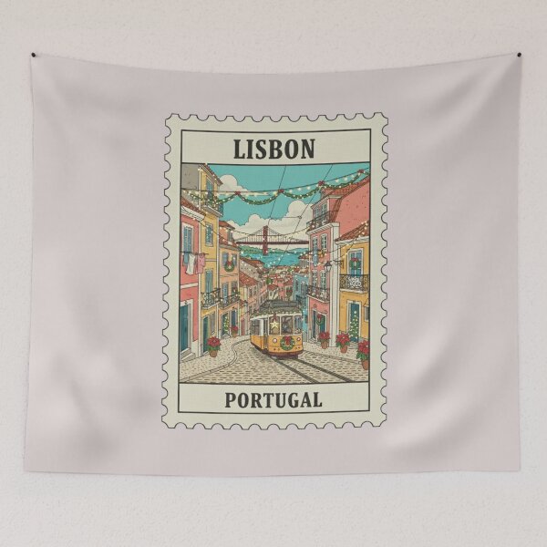 Item preview, Vintage Lisbon Portugal Christmas Street Stamp Illustration designed and sold by allaboutstamps.