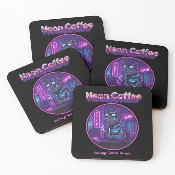 Item preview, Neon Coffee – Cyberpunk Cat Café Night Illustration designed and sold by drawlinershop.