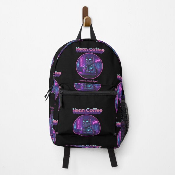 Artikelvorschau, Neon Coffee – Cyberpunk-Katzencafé-Nachtillustration entworfen und verkauft von drawlinershop.
