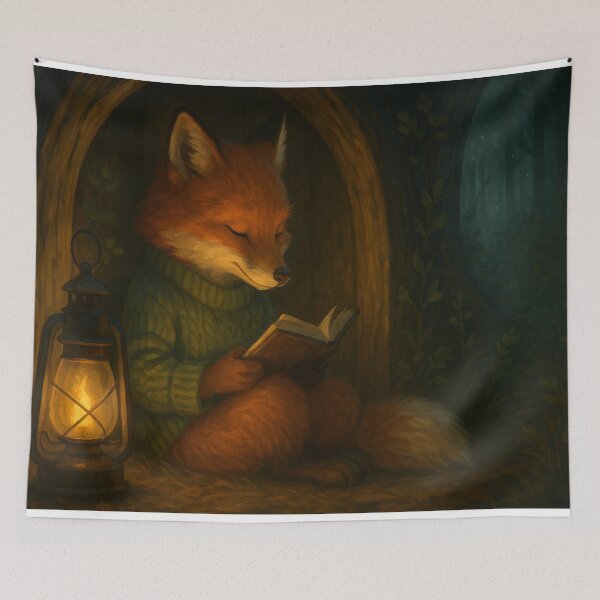 Item preview, Cozy Fox Reading by Lantern Light – Cute Woodland Night Illustration designed and sold by leen12 Art Designs Prints.