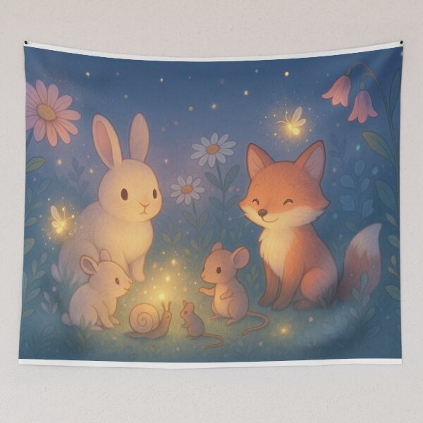 Item preview, Magical Garden Animals – Cute Pastel Woodland Creatures With Fireflies designed and sold by leen12 Art Designs Prints.