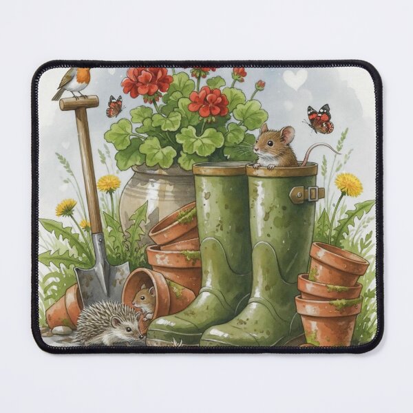 Item preview, Cute Garden Animals Watercolor Illustration – Mouse in Wellies and Hedgehog designed and sold by Pixel Pout.