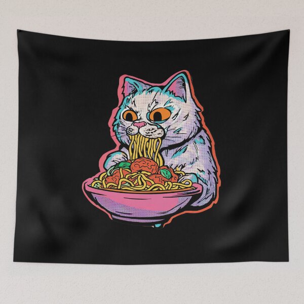 Item preview, Colorful Psychedelic Cat Eating Spaghetti – Vibrant Pop Art Illustration designed and sold by Absyntart.