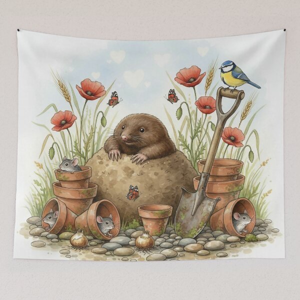 Item preview, Cute Mole and Mice in Garden Watercolor Illustration – Poppies and Blue Tit Bird designed and sold by Pixel Pout.