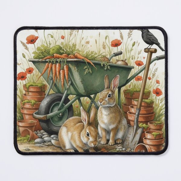 Item preview, Cute Rabbits in Vegetable Garden Watercolor Illustration – Wheelbarrow of Carrots designed and sold by Pixel Pout.