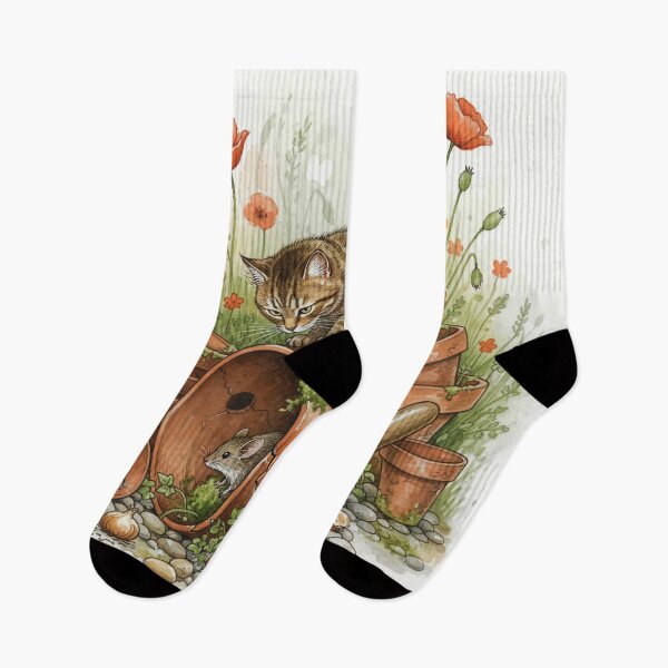 Item preview, Tabby Cat and Garden Mice Watercolor Illustration – Terracotta Pots and Poppies designed and sold by Pixel Pout.