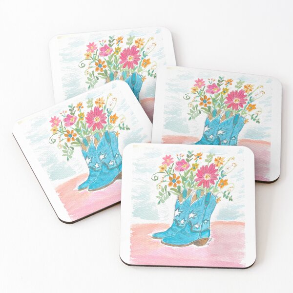 Artikelvorschau, Aquarellmalerei von Cowboy-Stiefeln mit Blumen entworfen und verkauft von Lola Jay Designs.