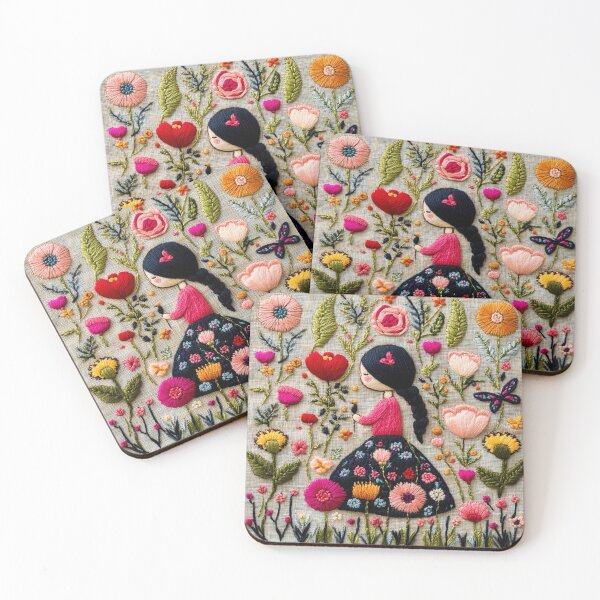 Item preview, Bulgarian Folk Art - Embroidered Girl & Floral Garden designed and sold by Myra365Art.
