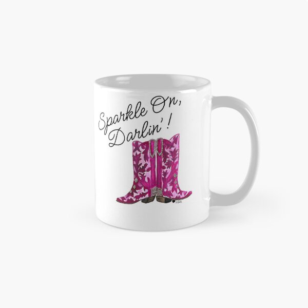 Artikelvorschau, Glitzer weiter, Liebling! Aquarellmalerei von zweifarbigen rosa Cowboystiefeln entworfen und verkauft von Lola Jay Designs.