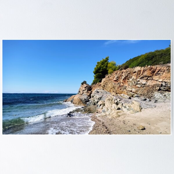 Item preview, Rocky Aegean coast with breaking waves designed and sold by TheArtofHeart.