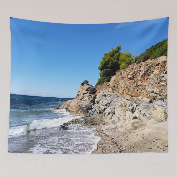 Item preview, Rocky Aegean coast with breaking waves designed and sold by TheArtofHeart.