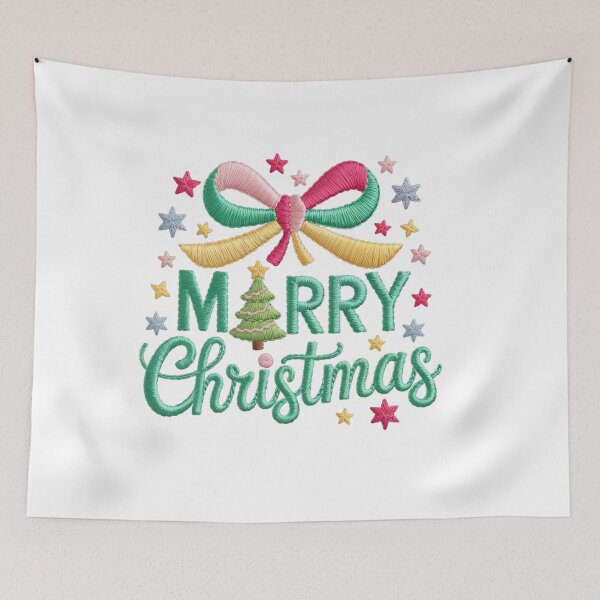 Item preview, Merry Christmas Embroidery and Calligraphy | Thread Bow and Stars designed and sold by Polarisofficial.