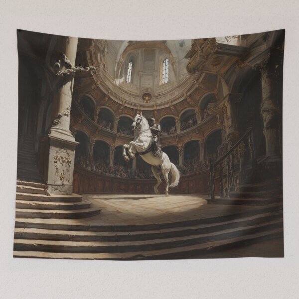 Item preview, A dramatic scene of a Lipizzaner horse performing a levade in an ancient, candle-lit arena Horses in Motion designed and sold by CDC40.