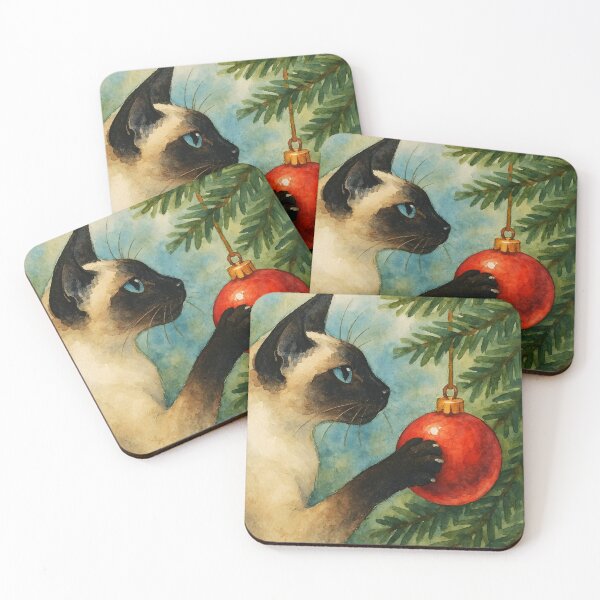 Item preview, Here Comes Santa Claws – Siamese Cat with Red Ornament Watercolor designed and sold by EmeraldeaDesign.