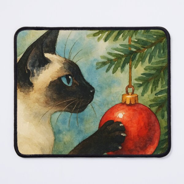 Item preview, Here Comes Santa Claws – Siamese Cat with Red Ornament Watercolor designed and sold by EmeraldeaDesign.