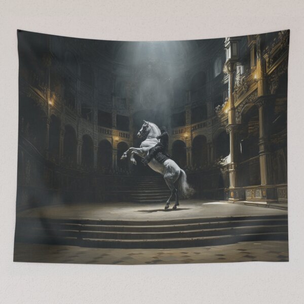 Item preview, A dramatic scene of a Lipizzaner horse performing a levade in an ancient, candle-lit arena Horses in Motion designed and sold by CDC40.