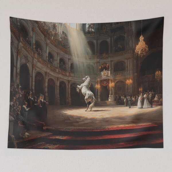 Item preview, A dramatic scene of a Lipizzaner horse performing a levade in an ancient, candle-lit arena Horses in Motion designed and sold by CDC40.