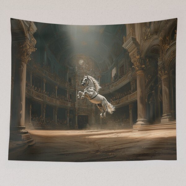 Item preview, A dramatic scene of a Lipizzaner horse performing a levade in an ancient, candle-lit arena Horses in Motion designed and sold by CDC40.
