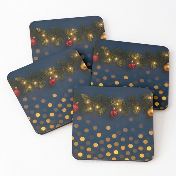 Item preview, Christmas Fir Garland with Ornaments and Lights – Dark Blue Background with Golden Bokeh designed and sold by EmeraldeaDesign.