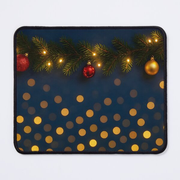 Item preview, Christmas Fir Garland with Ornaments and Lights – Dark Blue Background with Golden Bokeh designed and sold by EmeraldeaDesign.