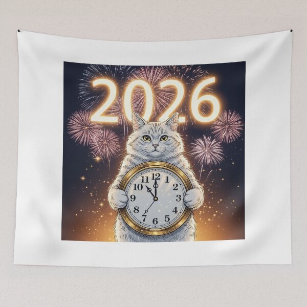 Item preview, Cat with New Year Clock designed and sold by PetJoyPrintsCO.