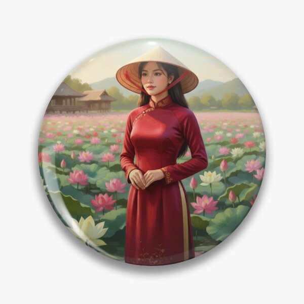 Item preview, Lotus Girl in Red Áo Dài – Vietnamese Lotus Pond Art designed and sold by SaigonSoulArt91.