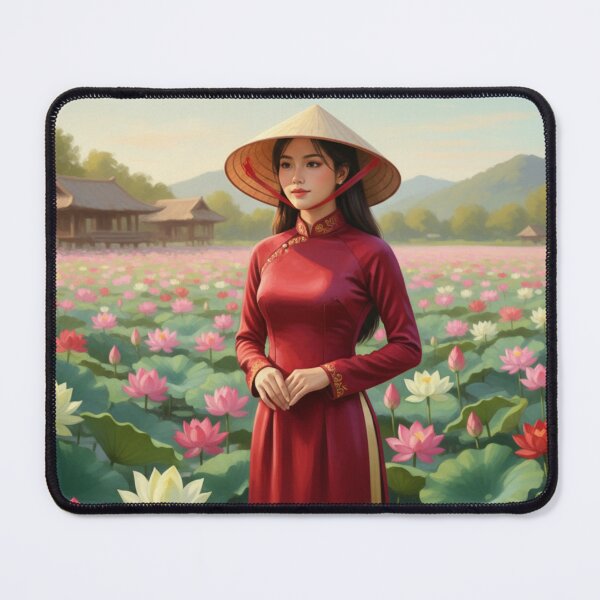 Item preview, Lotus Girl in Red Áo Dài – Vietnamese Lotus Pond Art designed and sold by SaigonSoulArt91.