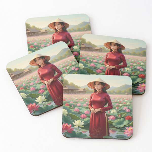 Item preview, Lotus Girl in Red Áo Dài – Vietnamese Lotus Pond Art designed and sold by SaigonSoulArt91.