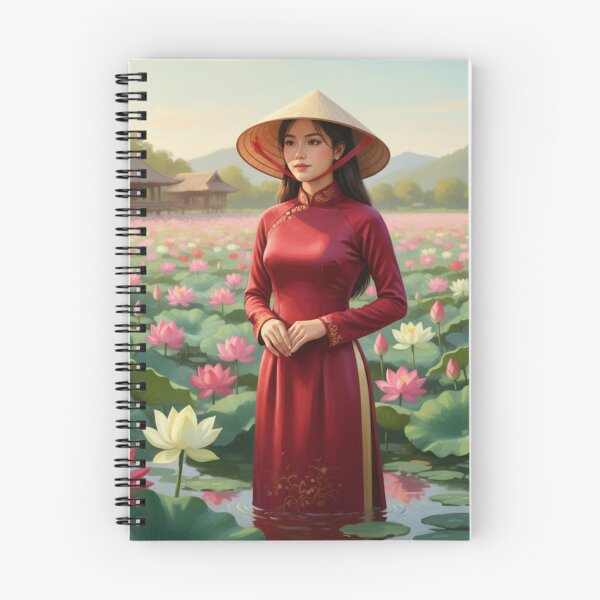 Item preview, Lotus Girl in Red Áo Dài – Vietnamese Lotus Pond Art designed and sold by SaigonSoulArt91.