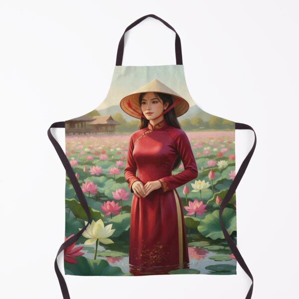 Item preview, Lotus Girl in Red Áo Dài – Vietnamese Lotus Pond Art designed and sold by SaigonSoulArt91.