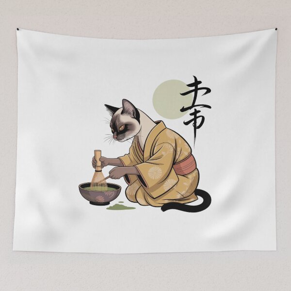 Item preview, Siamese Cat Whisking Matcha Kimono Ukiyo-e Tea Ceremony designed and sold by chattsuede.