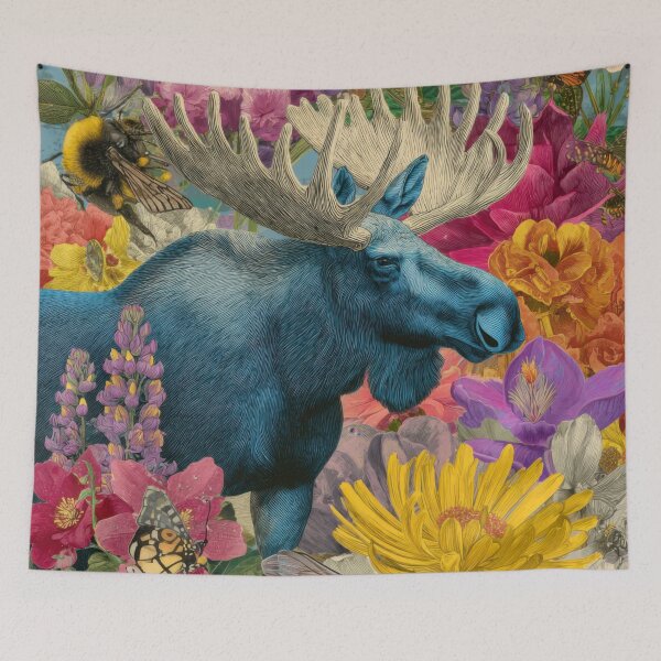 Item preview, Blue Moose in a Garden of Wildflowers – Vibrant Nature Collage designed and sold by dawnleblanc55.
