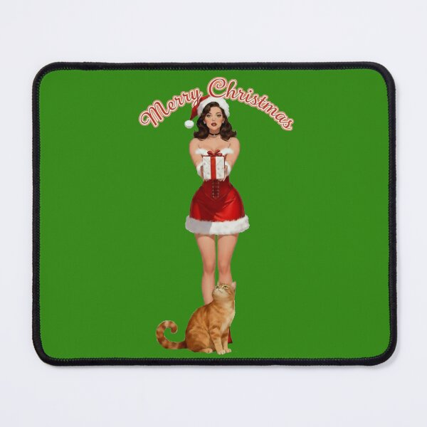 Item preview, Attractive Brunette with long legs in Christmas outfit giving x-mas gift with the Cat designed and sold by RATIO CREATIVA.
