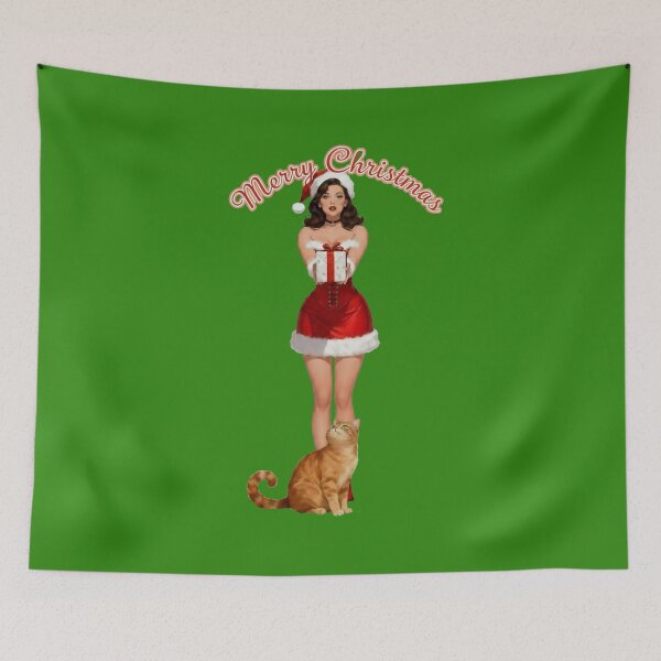 Item preview, Attractive Brunette with long legs in Christmas outfit giving x-mas gift with the Cat designed and sold by RATIO CREATIVA.