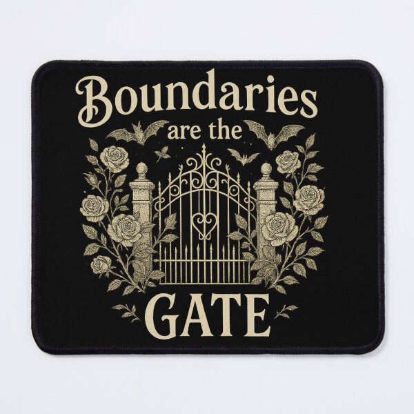 Item preview, Boundaries Are the Gate – Gothic Garden Gate Quote with Roses & Bats designed and sold by Mouraludia.