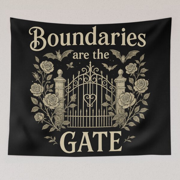 Item preview, Boundaries Are the Gate – Gothic Garden Gate Quote with Roses & Bats designed and sold by Mouraludia.