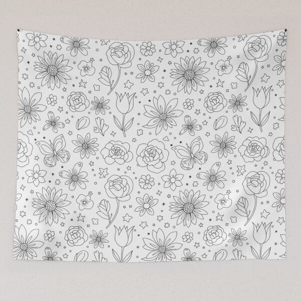 Item preview, Monochrome Floral Doodle Pattern - Black and White Hand-Drawn Flower Garden & Butterfly Coloring Art designed and sold by Tripple A Creations.