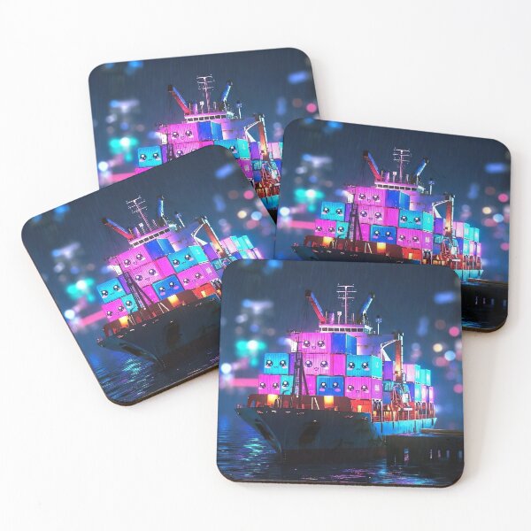 Item preview, “Kawaii Cargo Dream – Neon Container Ship at Night” designed and sold by NordseeSteel.