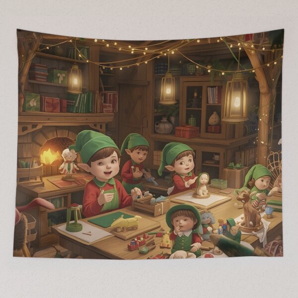 Item preview, Festive Elves Creating Toys Illustration designed and sold by Valeree Store.
